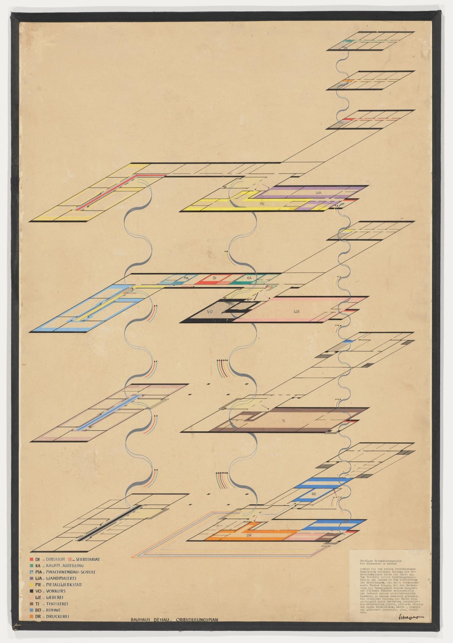 Plano de orientação colorido da Bauhaus em Dessau, por Hinnerk Scheper, 1926